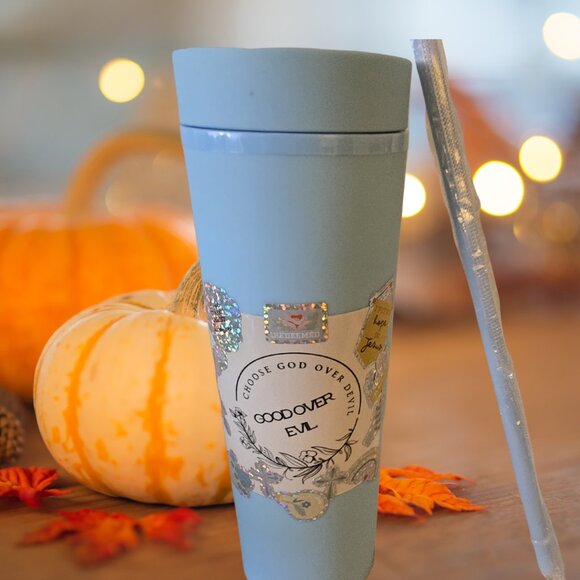 Skinny Tumbler Choose God Over Devil – Blue 20oz Mug with Straw – Christian - Picture 6 of 6